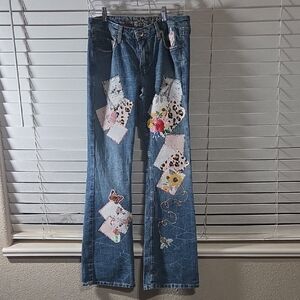Arizona Jean Company Blue Denim Flare Jeans with Floral Patchwork